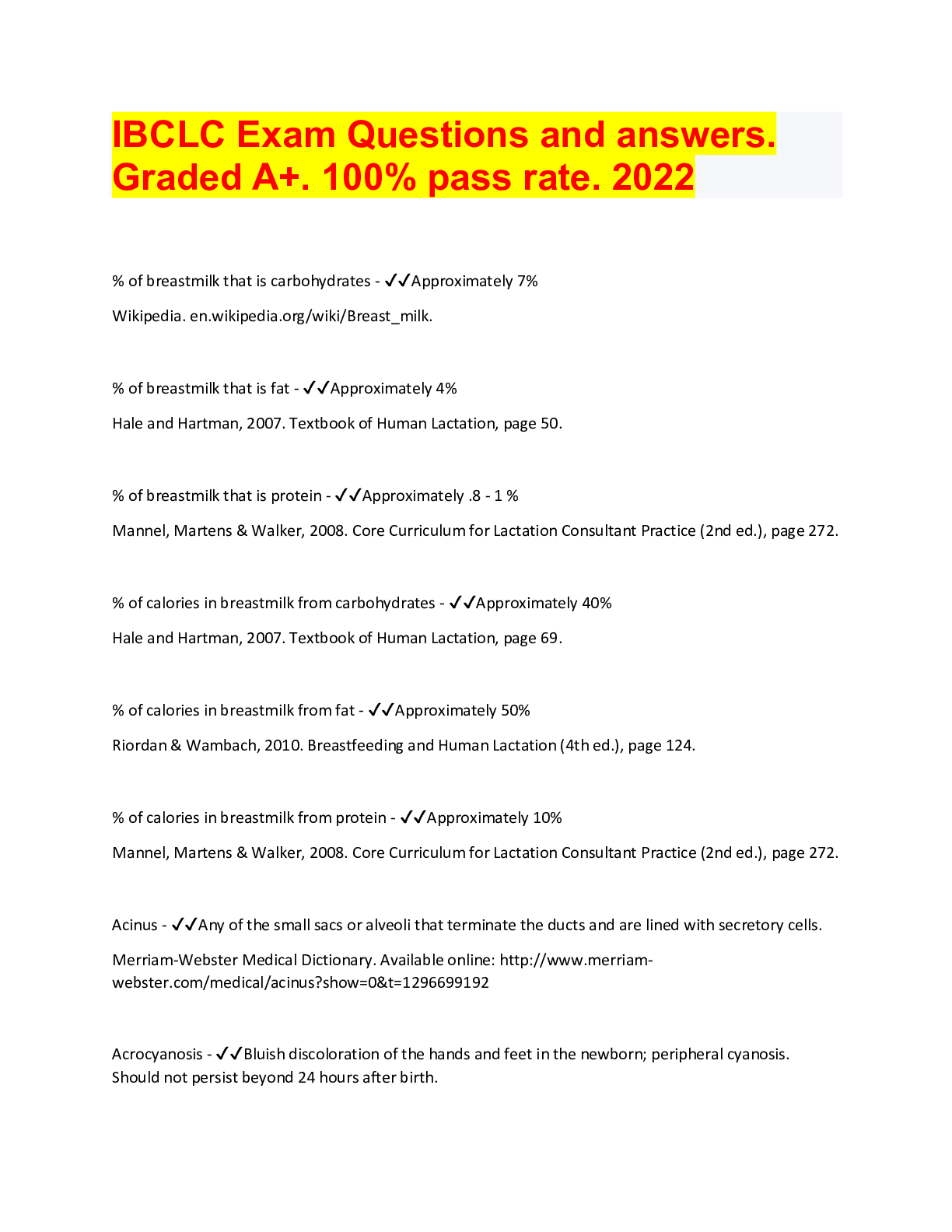 Preview image for IBCLC Exam Questions and answers. Graded A+. 100% pass rate. 2022